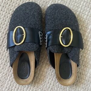 JW Anderson charcoal wool clogs with leather strap and large gold buckle. 39.
